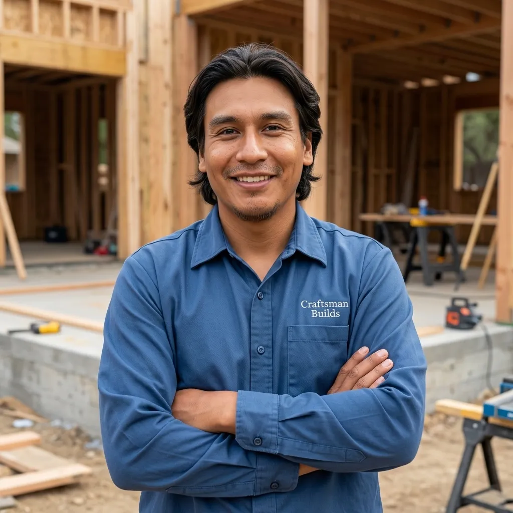 David, a friendly owner-operator craftsman, holding carpentry tools on a job site
