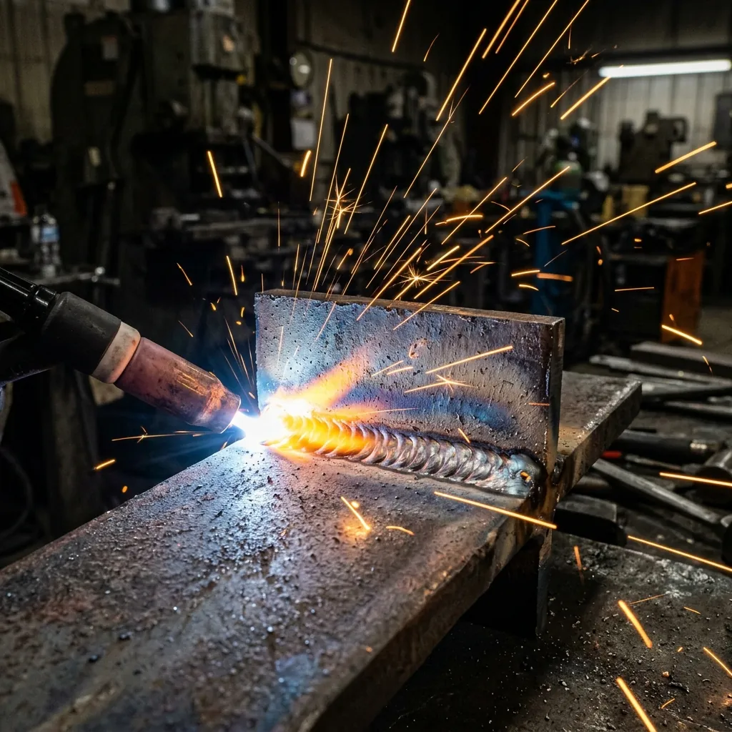 Detail closeup of a freshly welded metal joint with bright golden sparks