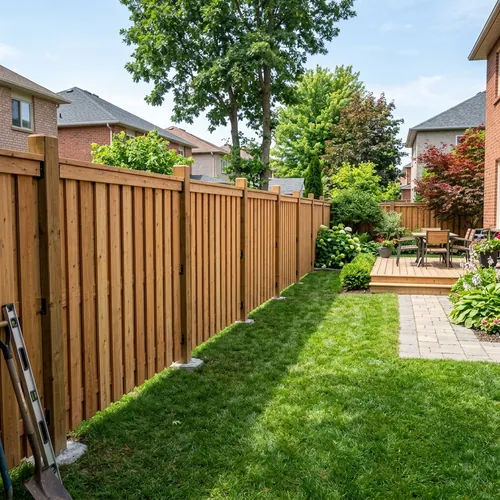 Before and after repair images of a residential cedar backyard fence restoration