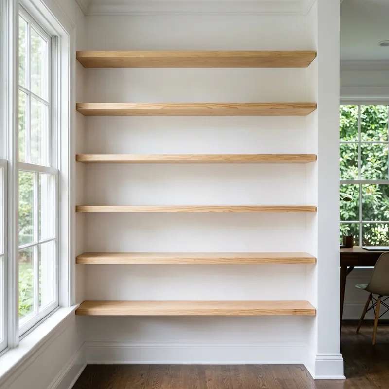 Clean custom-built floating pine wood bookshelves built into a home study wall