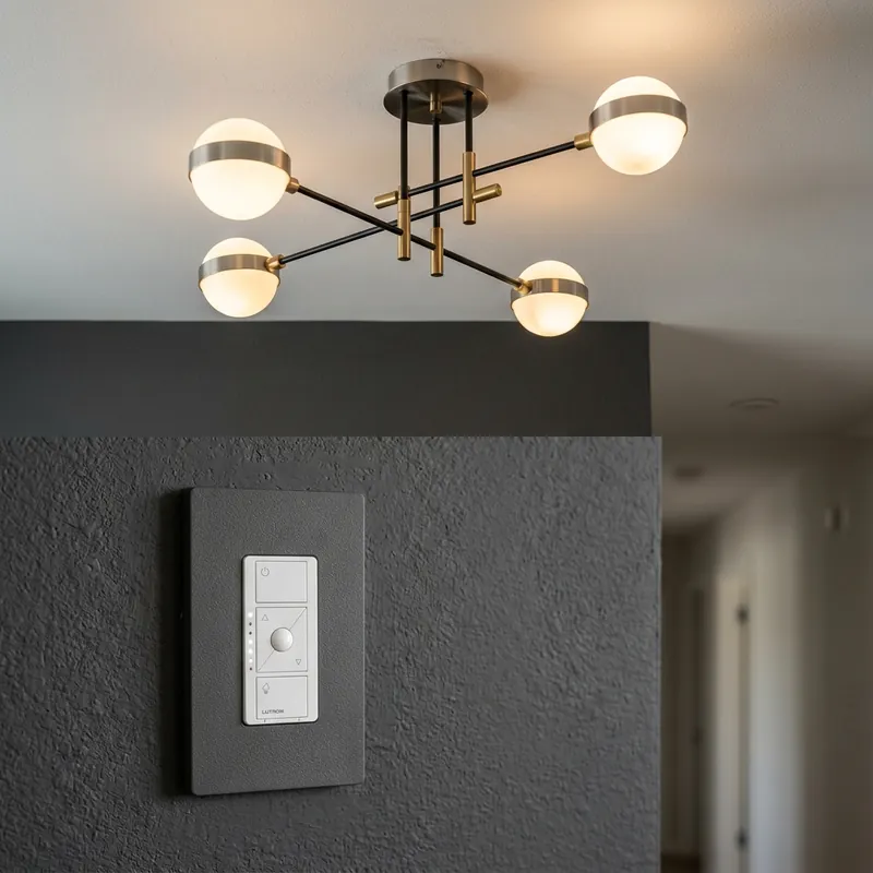 A modern smart electrical switch and designer lighting outlet mounted on a clean slate gray wall