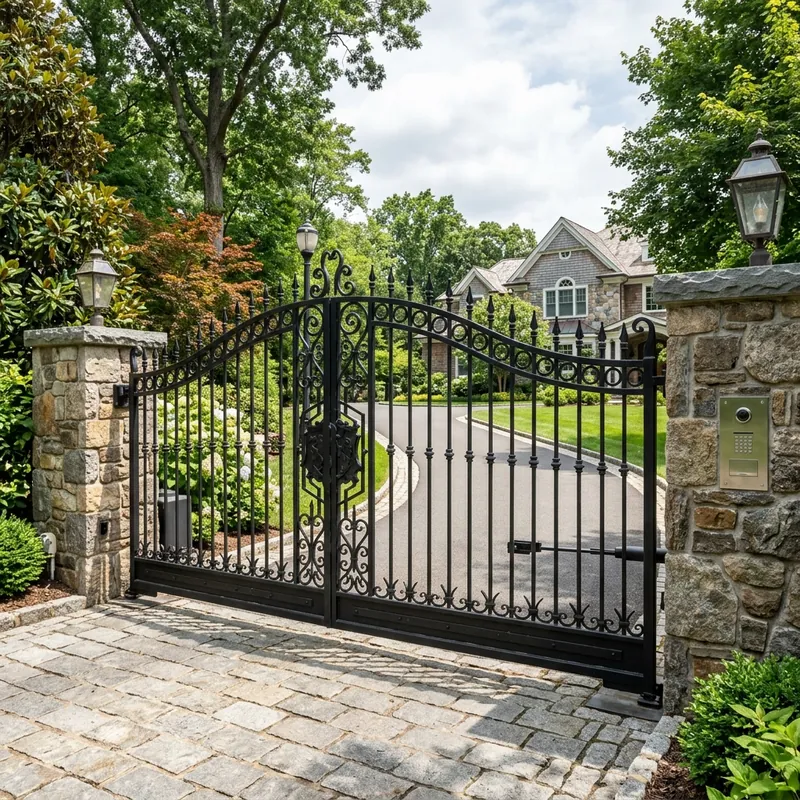 Heavy duty wrought iron security gate mounted securely to a brick wall with brand new heavy duty hinges