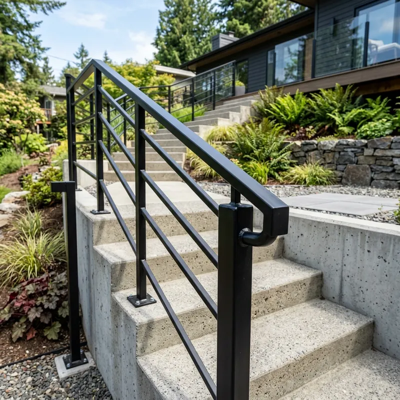 A freshly finished elegant custom black steel hand railing installed on outdoor steps