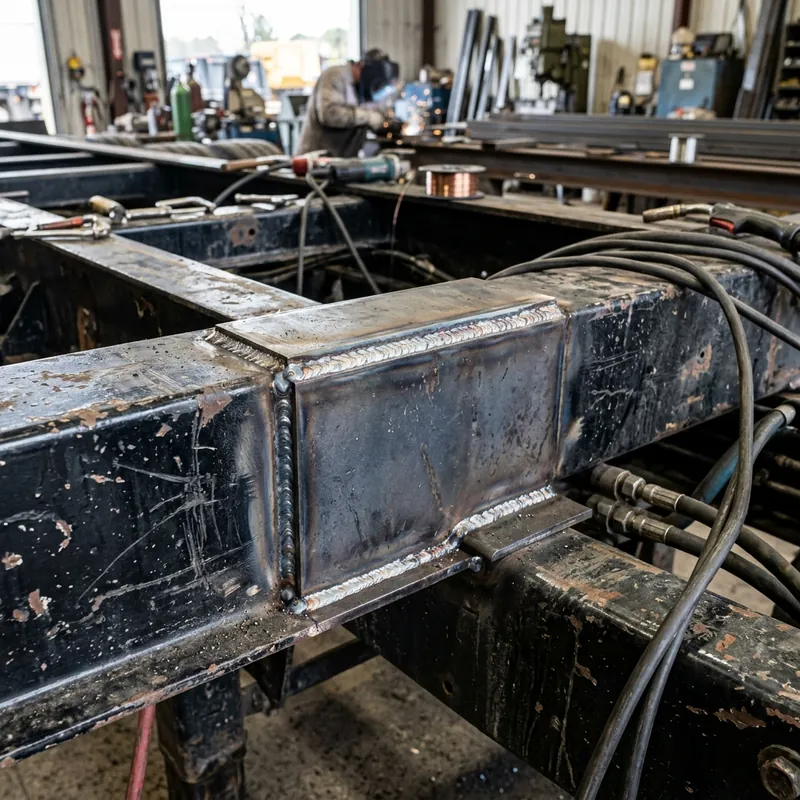 A heavy duty structural steel reinforcement weld repaired on a flatbed trailer frame